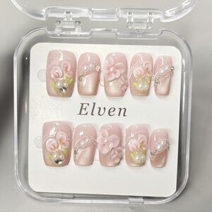 Pink Cat Eye Floral Handmade Press On Nails With Pearls Short Square